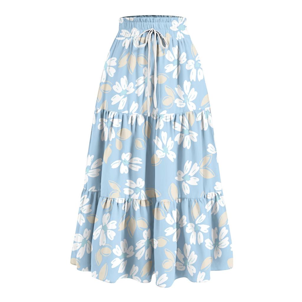 Women's Ruffled Spring Casual Long Skirt Plain Color Skirt Retro Pleated Skirt