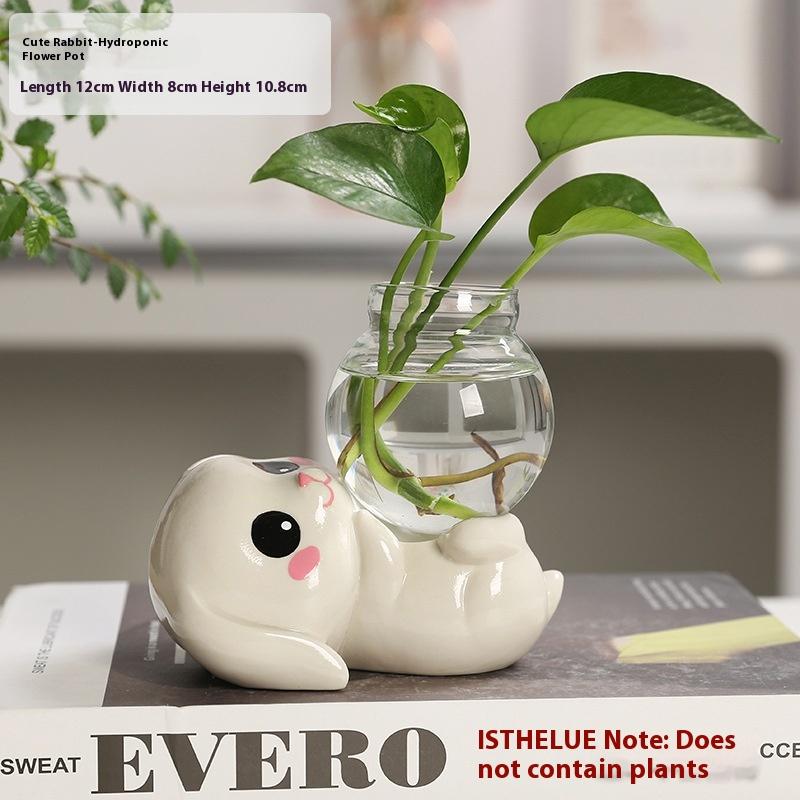 1pc Lovely Rabbit Hydroponic Plant Vases Transparent Glass Vase Tabletop Decoration Aquatic Flower Bottle With Wooden Base