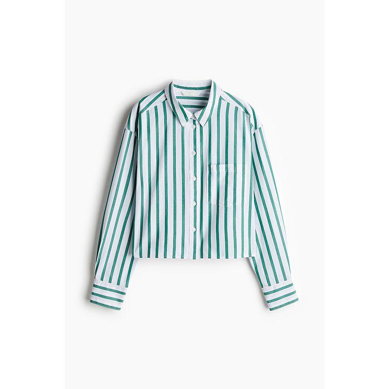 

HM Women s Shirt 2025 Autumn New Arrival Polo Collar Stripes Loose Long Sleeves Short Poplin Tops 1265987 White/Green Stripes 165/96(M)
