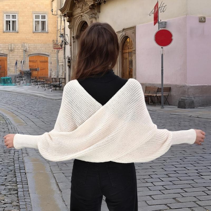 Womens Crossed Back Knitted Cover Up Scarf with Sleeves Sweater Shawl Wrap Shrug Layering Solution For Chilly Environment