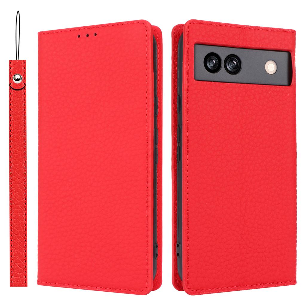 For Google Pixel 8a Genuine Cow Leather Case Litchi Texture Phone Wallet with Strap