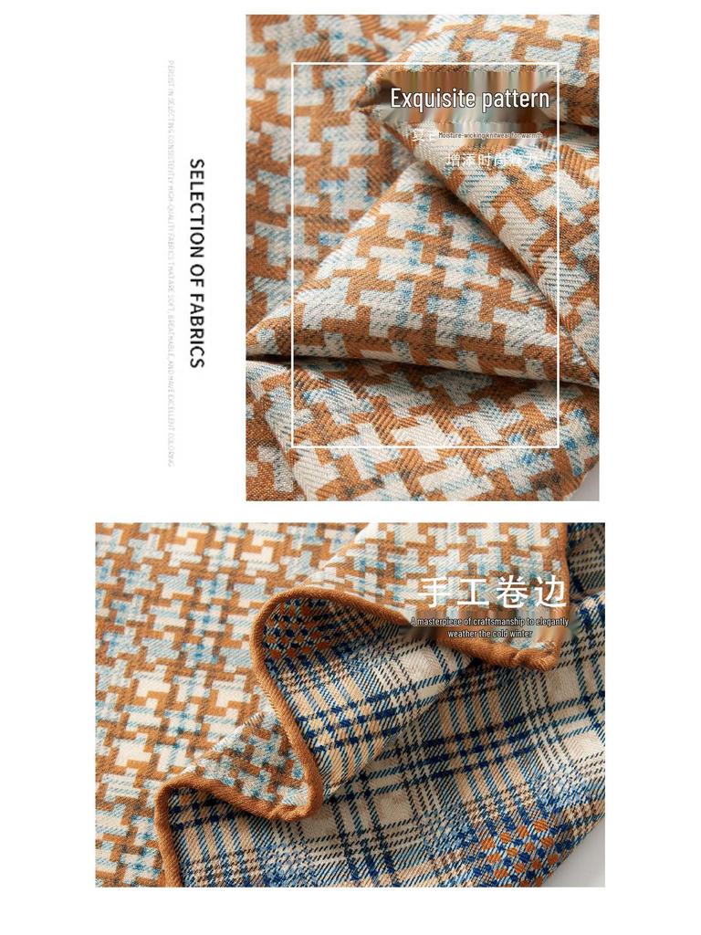 Jesień 2025 Japoński Minimalistyczny Szalik Jedwabno-Wełniany w Pepitkę - Ręcznie rolowany, Dwustronny, Dwukolorowy, Luksusowa Odzież na Szyję