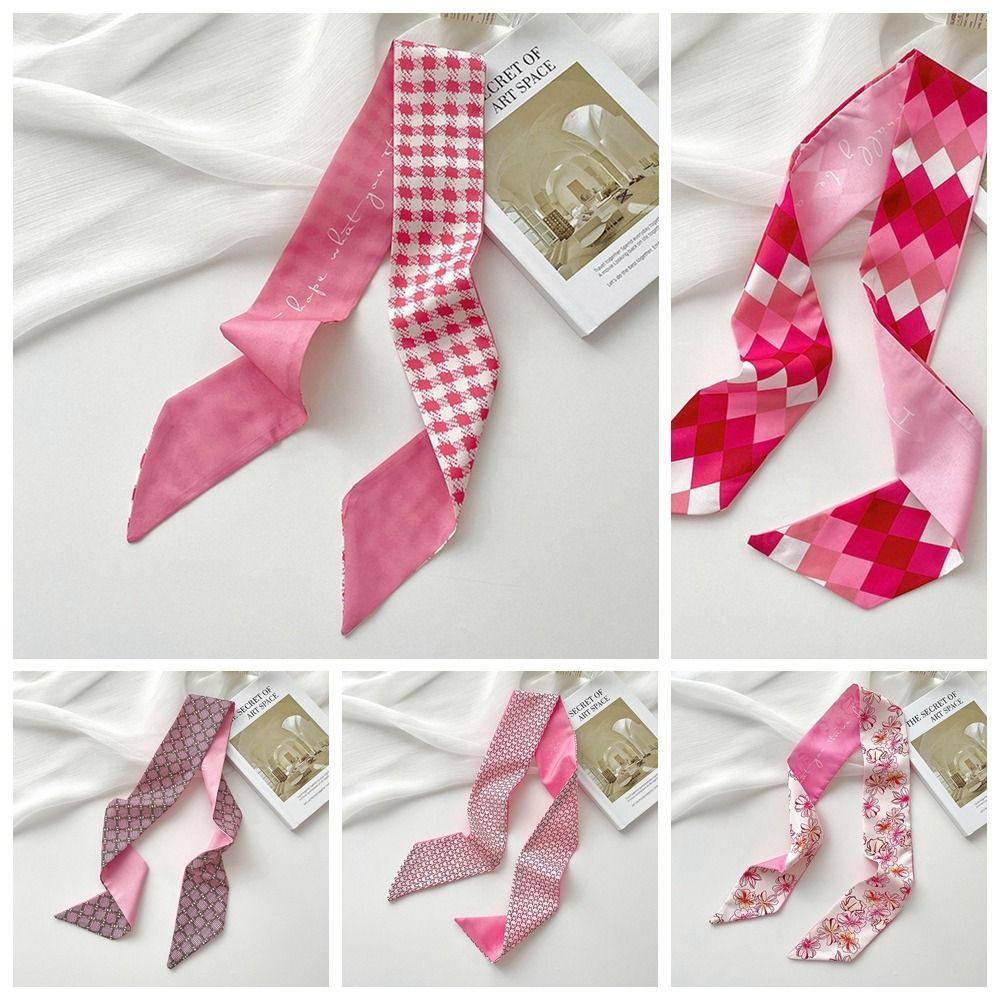 Retro Ribbon Headband Silk Scarf Pink Flower Long Scarf Neckerchief Scarf Accessories Printed Scarf Female