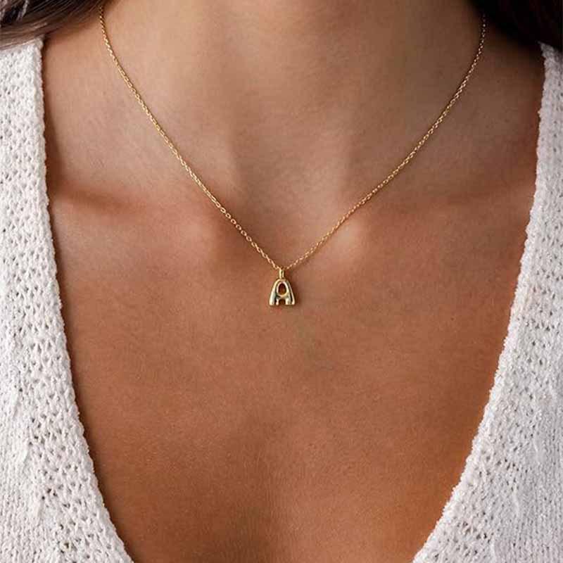 Minimalist Clavicle Chain Necklace with Stainless Steel Bubble Letter Pendant (A-Z)