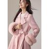 VICTORIA&VERA Women's Fox Fur Sleeve Wool Blend Long Coat with Belt