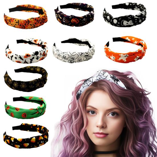 Halloween Headband Spider Web Witch Hat Bat Ghost Moon Pattern Knotted Embellished Hair Hoop Wide Hair Accessories