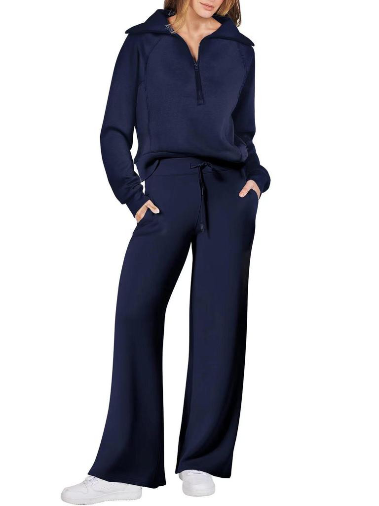2024 Autumn/Winter Women's Casual Zipper Sweatshirt & Wide-Leg Pants Set