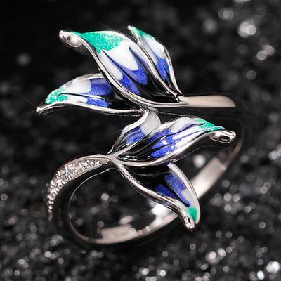 Huitan Charming Blue Flower Finger Ring Women for Dance Party Paved Dazzling CZ Stone Special-interest Handmade Fashion
