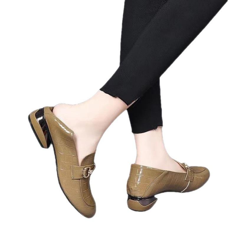 Rubber Low Heel (less Than 3cm) Single Shoe Low Top Shoe Round Head PU Middle Mouth Square Heel Fashion Casual Rubber Sole