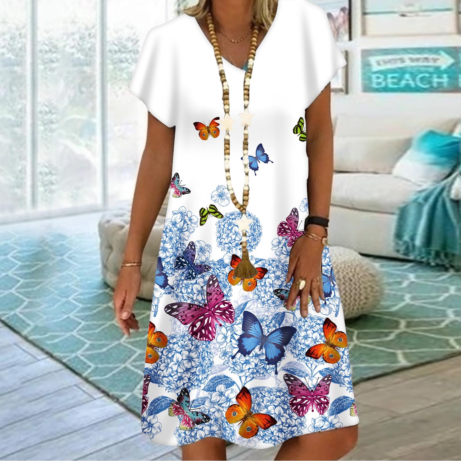 

Летнее модное платье с v-образным вырезом, женское платье с коротким рукавом, розовое, синее, с принтом бабочек, свободное повседневное платье для женщин