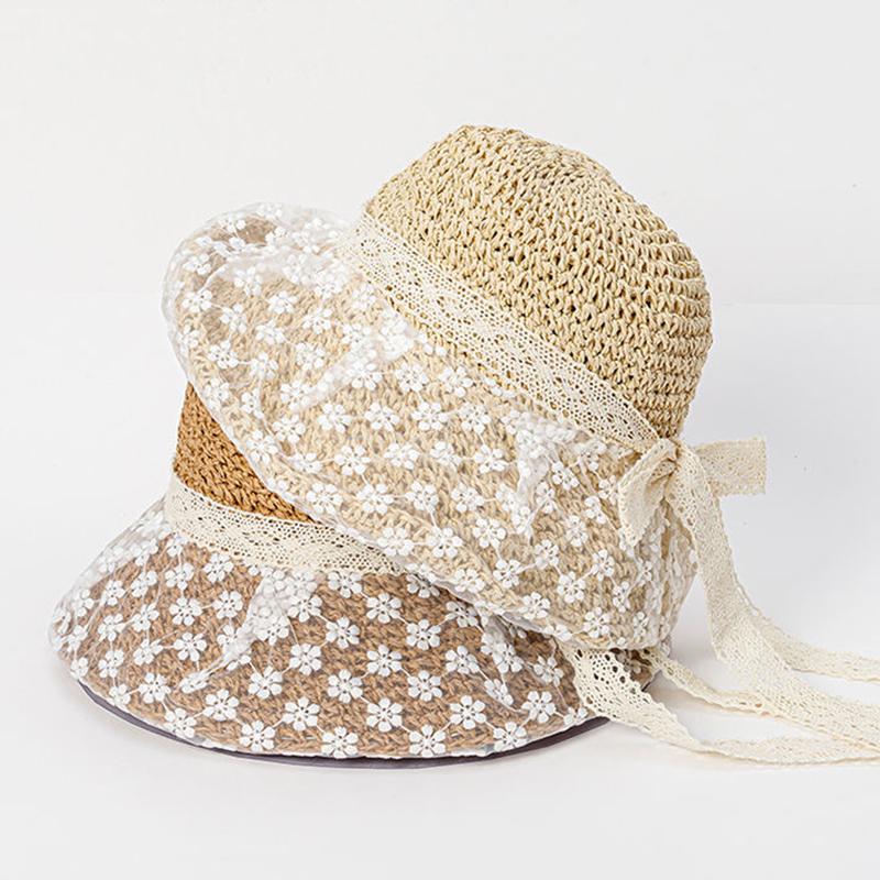 New Summer Women'S Fishing Hat Sun Protection Hat Lace Trim Beach Straw Hat Breathable And Stylish