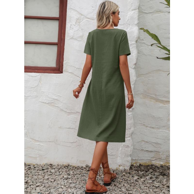 Fashion Loose Round Neck Short Sleeve Dress Pockets Solid Color Casual A-line Summer Dress Party Sweet Casual Simple Clothing