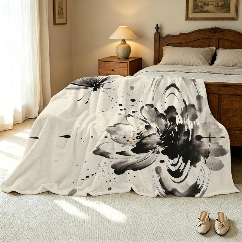All-Season Thick Flannel Blanket, Ink-Wash Floral Chinese Style Throw, Soft Warm Home Decor for Guest Room Single Use, Christmas Halloween