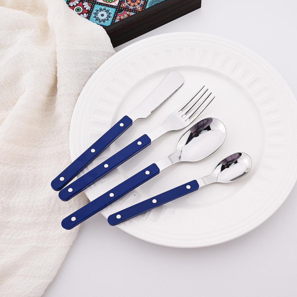 16 Pieces Color Handle Flatware Eating Utensils, Stainless Steel Tableware Rivet ABS Handle Design, Knives Forks Spoons for Home, Service for 4