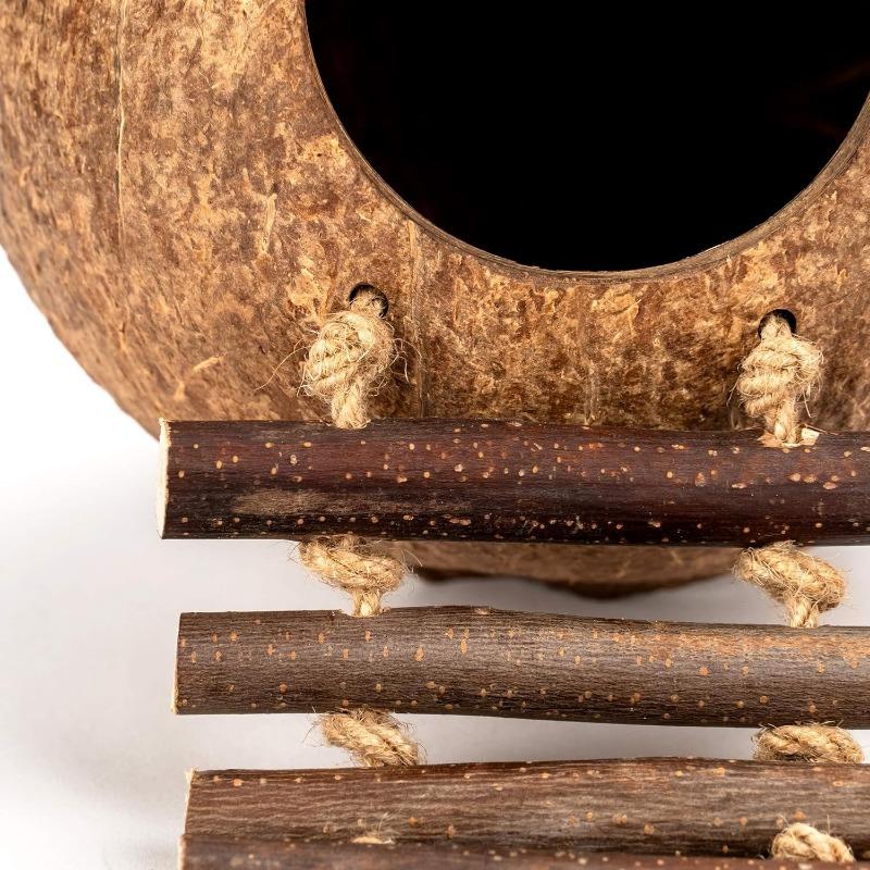 Coconut Birdhouse Hut With Ladder Hemp Rope Roof Natural Material Firm Stable Small Animal Cage Habitat Decoration Pet Supplies