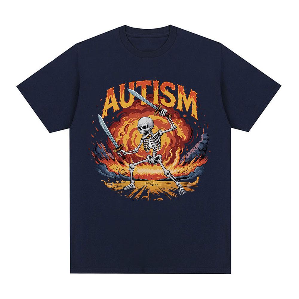 Autism Funny Skeleton Meme Tshirts Men Women Clothing Vintage Summer Short Sleeves Tshirt Cotton Casual Oversized T Shirt Tops
