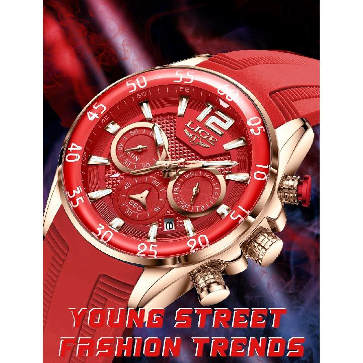 LIGE Neue Mode Herrenuhren Top Marke Luxus Quarz Armbanduhr Mann Sport Rotes Silikon Armbanduhr für Herren Reloj Hombre Chronograph