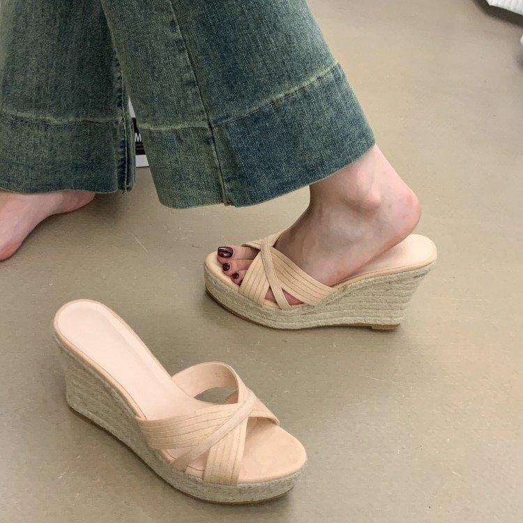 Wedge heel slippers women's new summer fashion outer wear woven hemp rope versatile high heel one-word slippers women