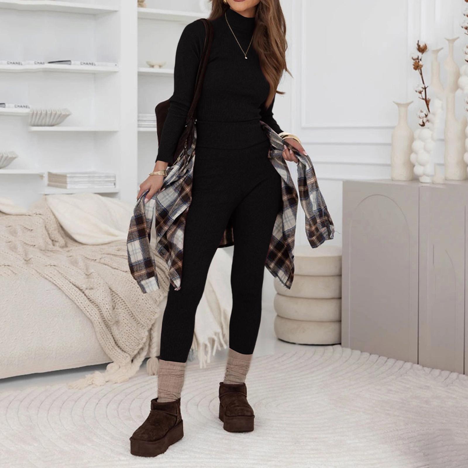 

Женский трикотажный базовый комплект из двух частей: Топ-пуловер с высоким воротником облегающего кроя + леггинсы XL