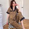 Women Sleepwear Set Rest Summer Autumn Pajama Set Turn Down Collar Faux Silk Satin Short Sleeve Leopard Female Pijama Home Wear