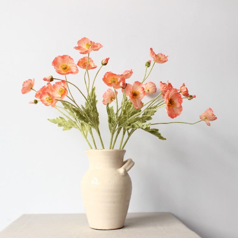 Silk Poppy Flower Flocking Simulation with 4 Heads for Decorative Photography