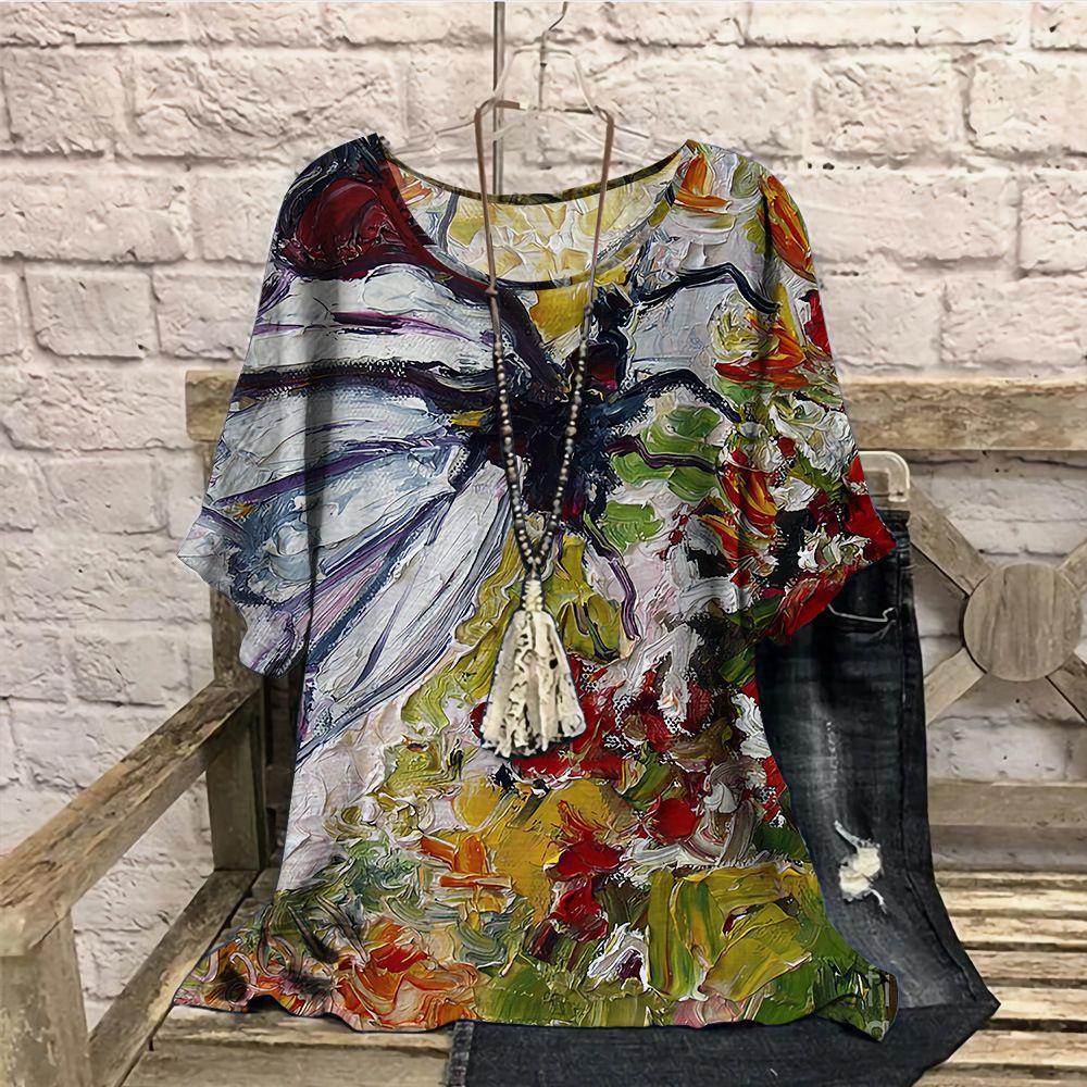 Plus Size Retro Color Blocked 3D Printed Summer Casual Round Neck Short Sleeved Loose Slimming Loose T-shirt