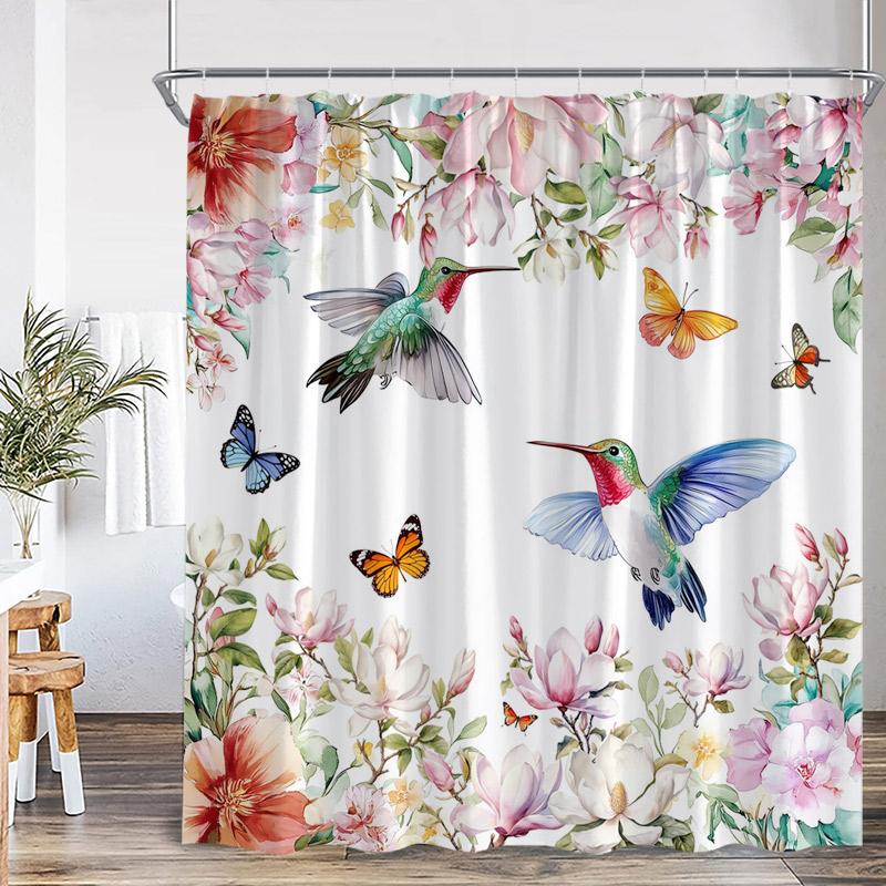Floral Hummingbird Shower Curtains Watercolor Flowers Butterfly Dragonfly Birds Plant Bath Curtain Modern Fabric Bathroom Decor