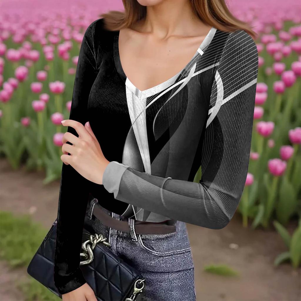 Women's Winter Slim-Fit Base Layer T-Shirt Fashionable Print V-Neck Pullover Long-Sleeved Top