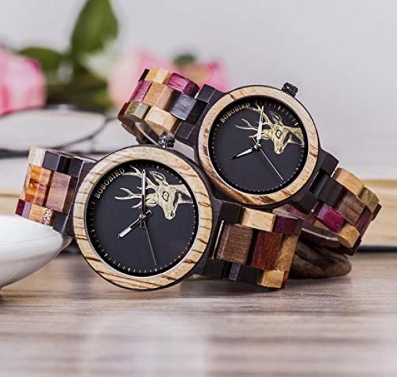 BOBO BIRD Montre Paire Montre Couple Montre en Bois Analogique Quartz Japonais Index Lumineux Léger Coloré Boîte Cadeau en Bois Incluse Motif Cerf Homme