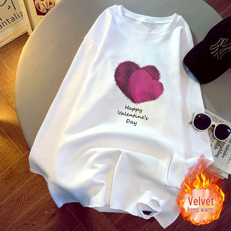 

Женская хлопковая футболка с длинным рукавом и флисовой подкладкой в корейском стиле с рваным эффектом - осенне-зимняя повседневная рубашка миди большого размера M (approx. 35-48kg)