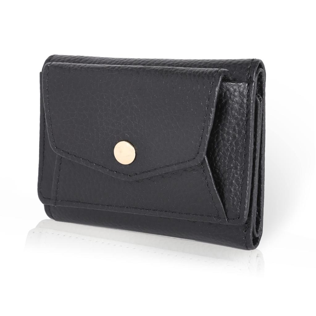 LASIEM Mini Genuine Black Women's Tri-fold Wallet, Leather, Palm-Sized, Anti-Skimming, Lightweight, Compact, Foldable,