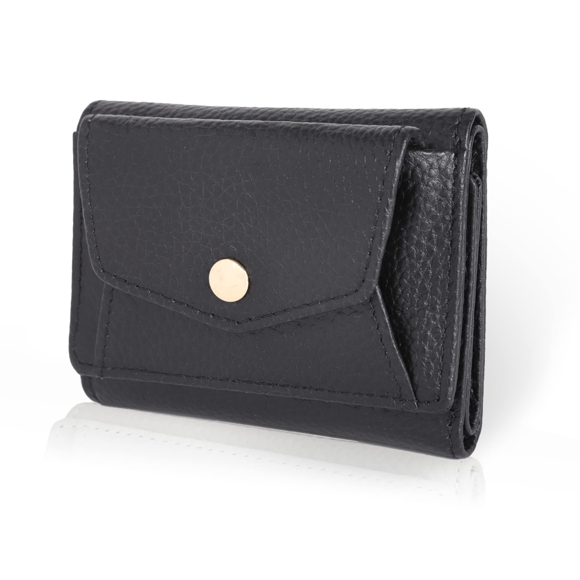 

LASIEM Mini Genuine Black Women s Tri-fold Wallet, Leather, Palm-Sized, Anti-Skimming, Lightweight, Compact, Foldable,