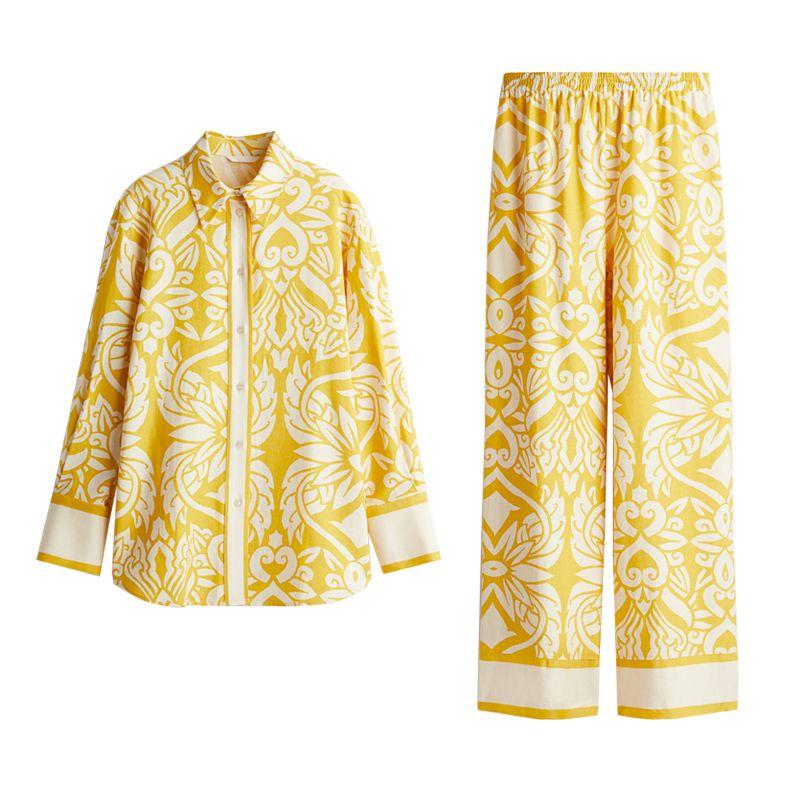 Spring and Summer New Loose Lapel Print Shirts 1273613 Linen Blend Straight Trousers 1273614