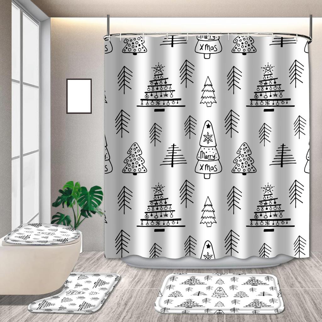 Merry Christmas Shower Curtain Set Polyester For Bathtub Art Bathroom Decor With Hooks Waterproof Curtain Set Christmas Decor