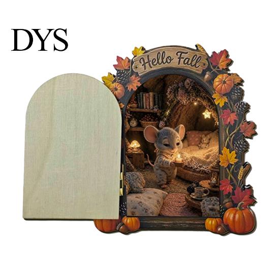 Fall Home Decor Accents Elf Wooden Door Halloween Decor, 2D Fairy Mouse Miniature Wall Rustic Autumn Shelf Hanging, Ornament for Home, Thanksgiving