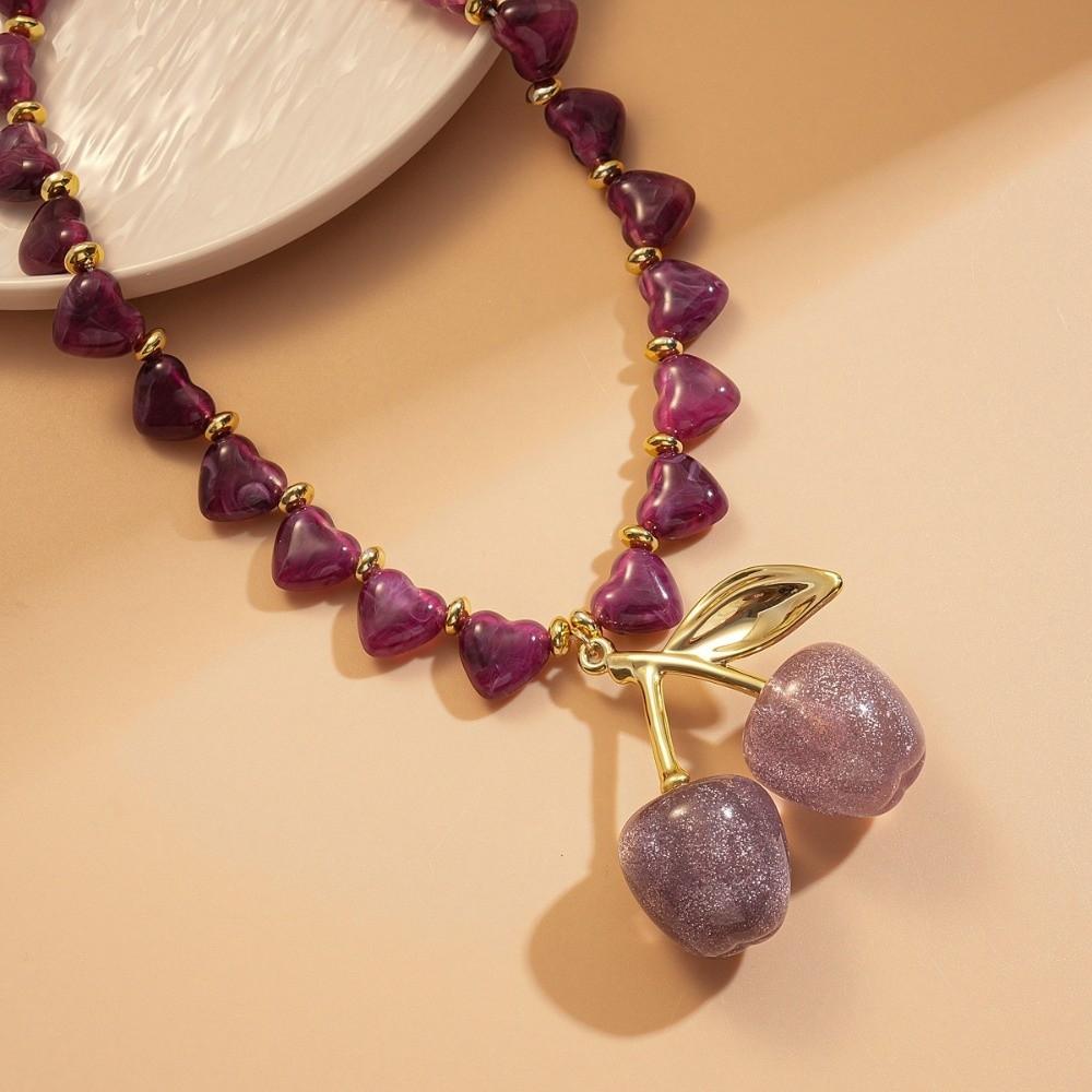 Love Heart Beadeds Women Cherry Necklace Acrylic Bohemia Choker Creative Cherry Pendant  Beach