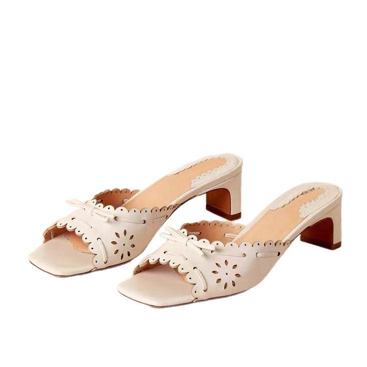 Fashion Low Shoes Ladies' Slippers Women Heels Square Heel Rubber Flip Flops Butterfly-Knot High Block Genuine Leather Hawaiian Fretwork
