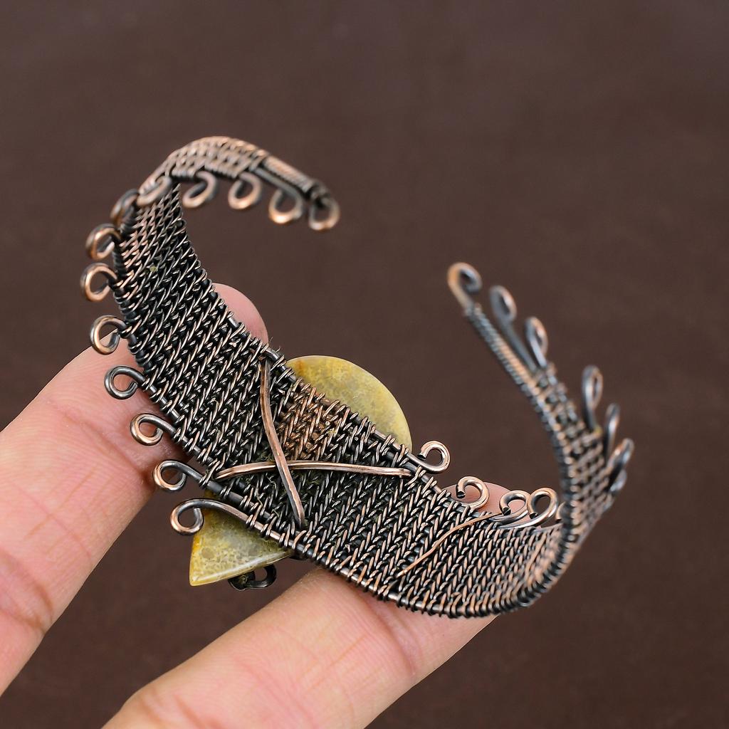 Natural Fossil Coral Gemstone Handmade Copper Wire Wrap Bangle Adjustable A4L95