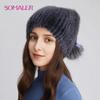 Damenmütze aus echtem Nerzpelz, gestrickte Pelzmütze mit Zopf, Wintermütze aus Fuchspelz, Pompom