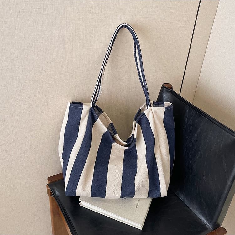 Striped large capacity canvas tote bag women's shoulder bag