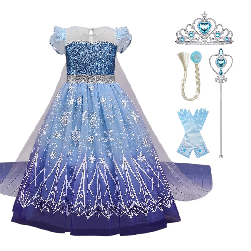 

[AUTY.co] Princess Dress Disney Cosplay Children Kids Princess Snow White Elsa Belle Rapunzel Jasmine Cosplay Set (Crystal Blue, 130)