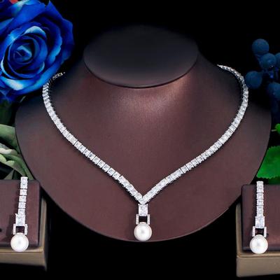Cmm brilhante zircão cúbico nupcial casamento artificial pérola colar brincos festa traje conjuntos de jóias para mulher