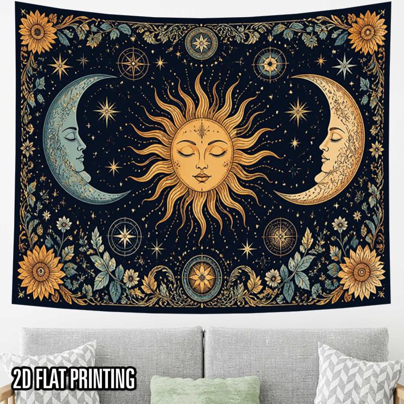 2D Flat, 2D Flat Print 1pc Tapestry Sun Moon Star Tapestry Cosmic Myth Wall Art Oversized Polyester Fabric Perfect for Decorating Living Rooms, Bedroo
