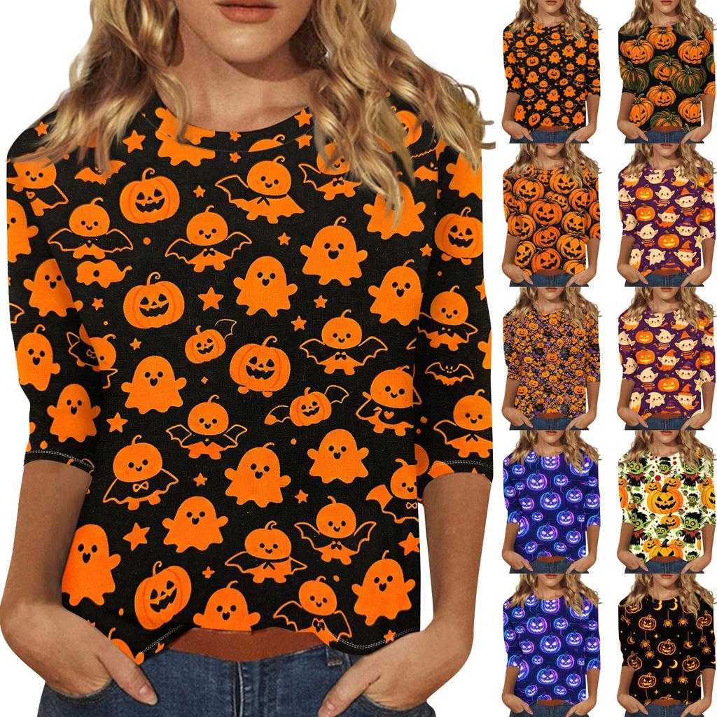 Women Casual 3/4 Sleeve Halloween Print Crew Neck Top Lightweight Soft Fabric Comfortable Fit Stretchy Material