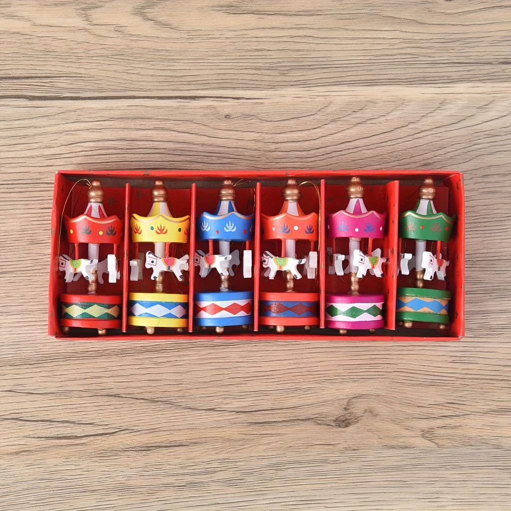 6pcs/box Christmas Wooden Carousel Horse Miniature Ornaments Xmas Tree Hanging Pendant New Year Gift Toy for Kid Home Party Deco