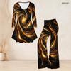 Women Plus Size Printed V Neck Three Quarter Sleeve Flared Top Flared Pants Two Piece Set