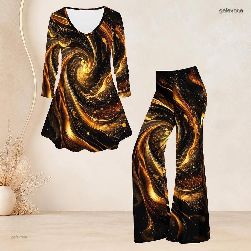 Women Plus Size Printed V Neck Three Quarter Sleeve Flared Top Flared Pants Two Piece Set
