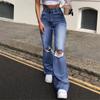 Women Button High Waist Pocket Elastic Hole Jeans Trousers Loose Denim Pants