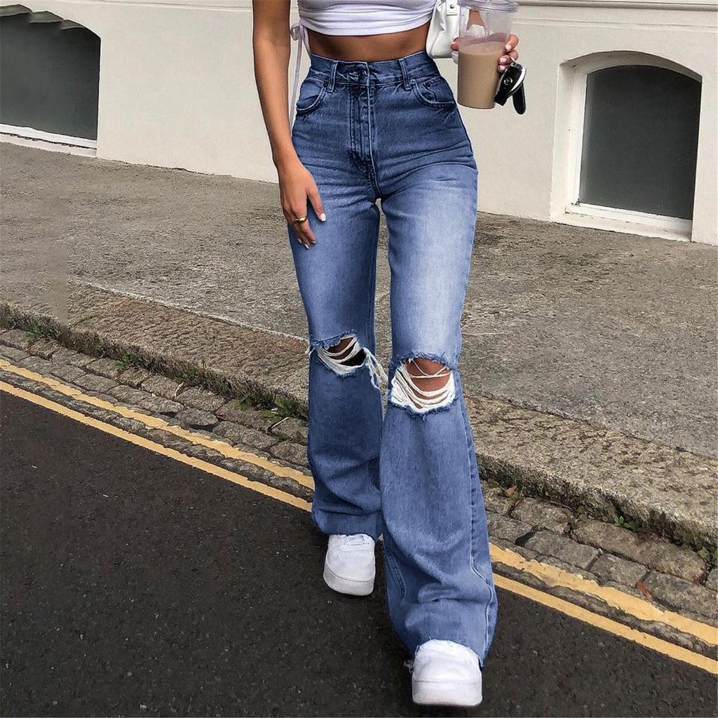 Women Button High Waist Pocket Elastic Hole Jeans Trousers Loose Denim Pants