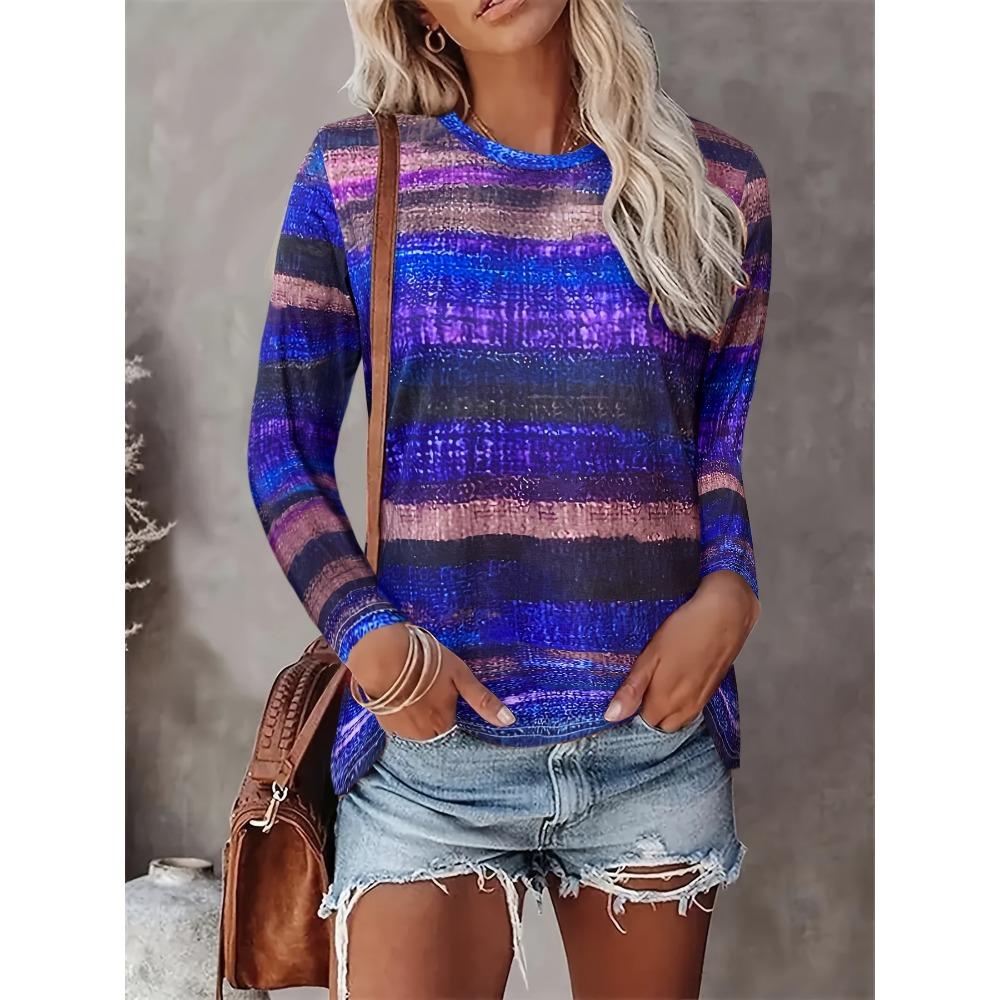 

Женская футболка с 3D-принтом, в полоску, с ретро-принтом, модная, с длинным рукавом, с круглым вырезом, обычного кроя, топы для праздничных выходных, весны и осени XL